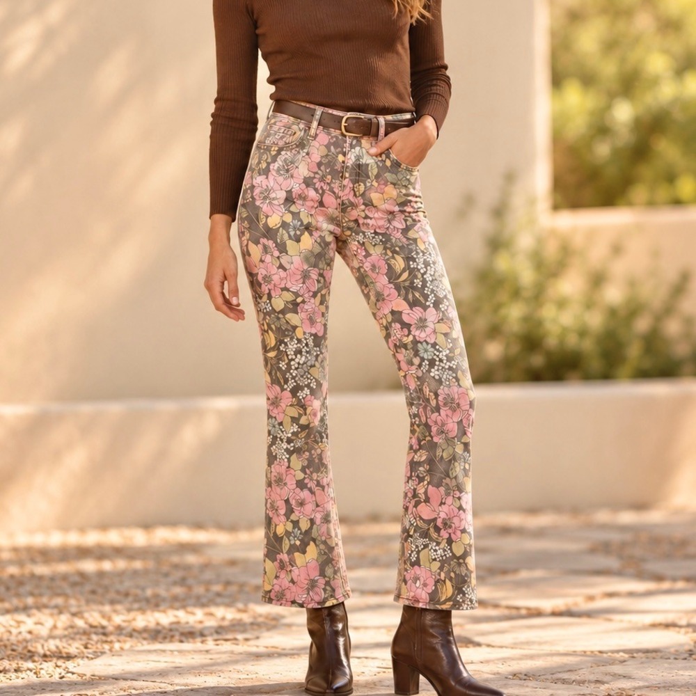 MOTHER Hustler Ankle Jeans 25 Bootcut Brown Floral Modern 70s Boho Art Girl